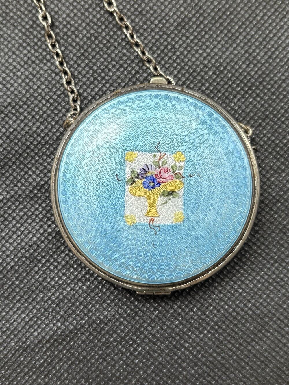 Antique Deco Blue Guilloche Enamel Floral Basket Silver Tone Compact Necklace
